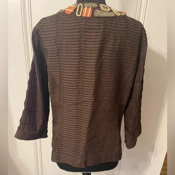CHICO’S Textured Ribbon Stitch Chocolate Brown Beaded Jacket Size 2 / Medium‎ - Picture 6 of 9